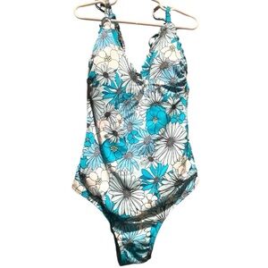 Xhilaration Floral Ribbed Shoulder Tie Ruffle One Piece - bathing suit S (0-2)